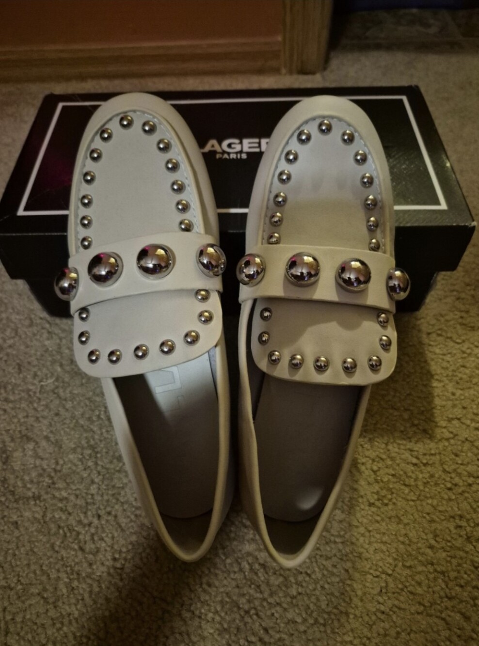 Karl Lagerfeld Soft White Leather Loafers with Silver Studs